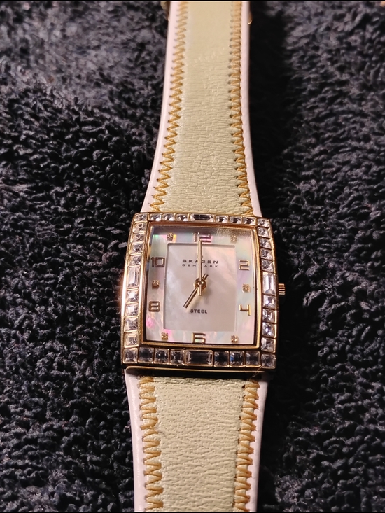 Skagen Accessories - Skagen Gold-Tone Crystal Square Watch with Cream Leather Strap